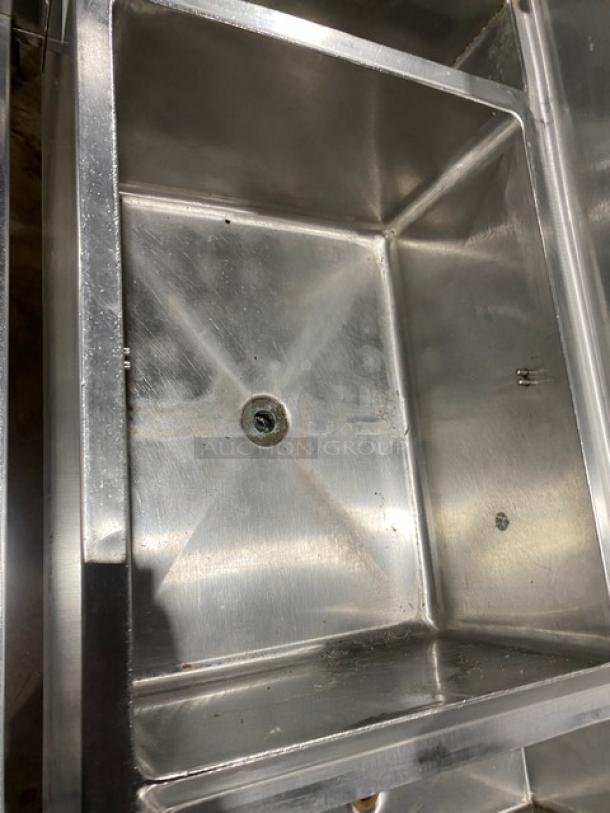 Commercial stainless steel cocktail station with backsplash, integrated dump sink, swivel faucet, ice bin, and speed rail.