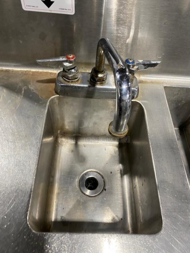 Commercial stainless steel cocktail station with backsplash, integrated dump sink, swivel faucet, ice bin, and speed rail.