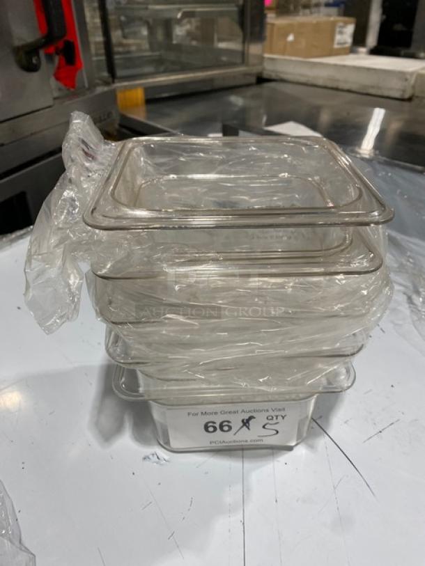 Winco SP7604 clear polycarbonate food pans, 1/6-size, 4" deep, new condition.