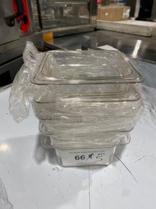 Winco SP7604 clear polycarbonate food pans, 1/6-size, 4" deep, new condition.