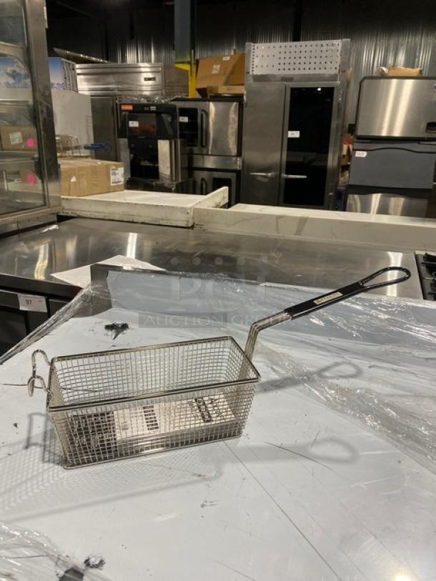 New Adcraft FBR-11571 commercial fry basket, nickel-plated wire mesh, black grip handle, pristine condition.