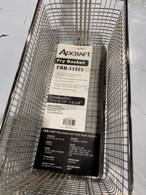 Adcraft Commercial Fry Basket, Model FBR-11571, nickel-plated wire mesh, black grip handle, dimensions 11"x5-3/8"x4-1/8".
