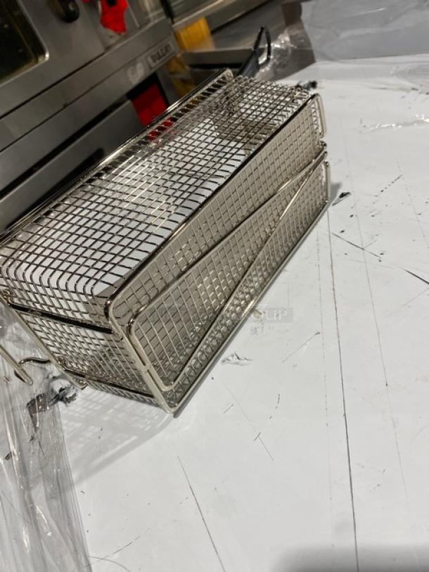 Adcraft FBR11571 Commercial Fry Basket, nickel-plated wire mesh, black grip handle, new condition.