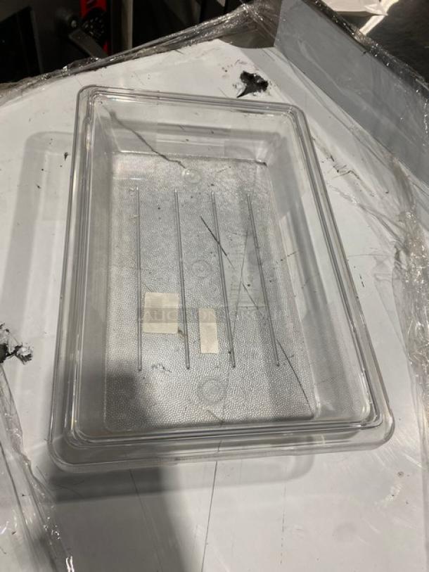 Rubbermaid Commercial 2-Gal. Clear Polycarbonate Food Storage Pan, Model FG330700CLR, new condition, rectangular shape.