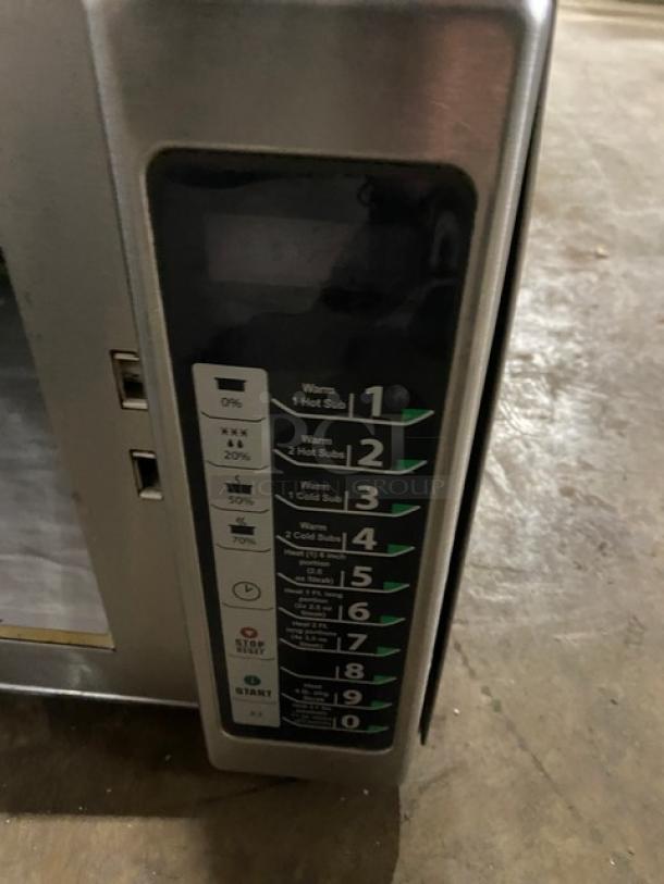 Menumaster RFS12TSW commercial microwave, stainless steel, digital push-button control, 120V, various cooking presets.