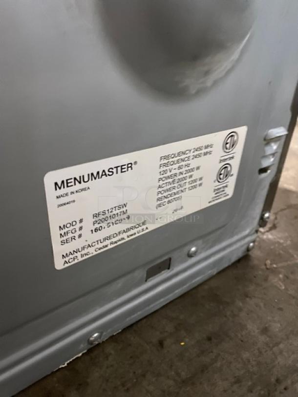 Menumaster Commercial Stainless Steel Microwave Oven, Model RFS12TSW, with digital push-button control, 120V power.