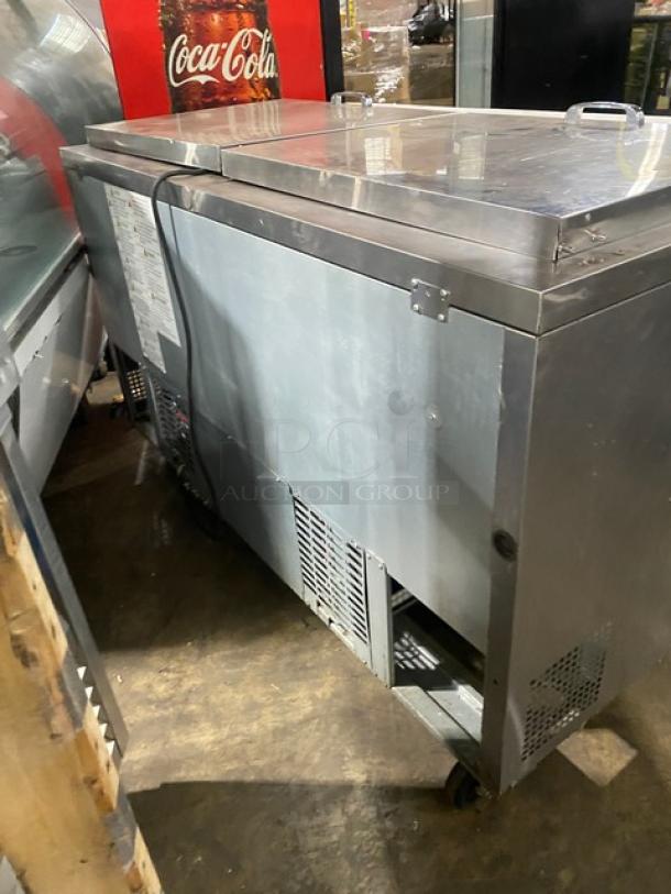 Turbo Air Super Deluxe Series 2-door stainless steel refrigerated prep table, model TST60SD24N, on casters.
