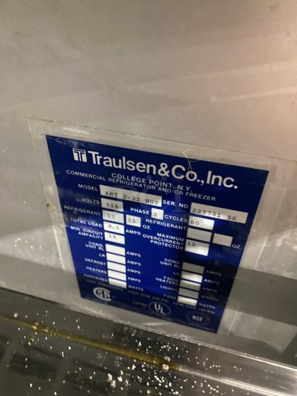 Traulsen model AHT232NUT label; commercial stainless steel reach-in refrigerator specifications, SN: 2277915K.