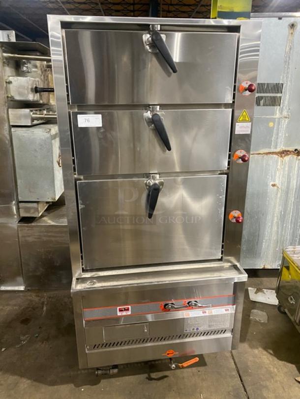 Flame-Mate ESC3NN stainless steel steam cabinet with three compartments, natural gas powered, on legs, in good condition.
