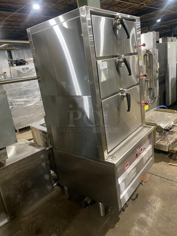 Flame-Mate ESC-3N-N stainless steel steam cabinet with three compartments, natural gas powered, on legs, model ESC3NN.