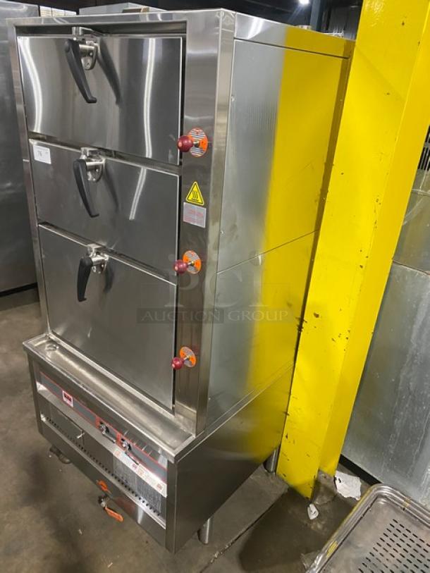 Flame-Mate ESC3NN 3-compartment steam cabinet, stainless steel, natural gas, on legs, commercial use. Model: ESC-3N-N.