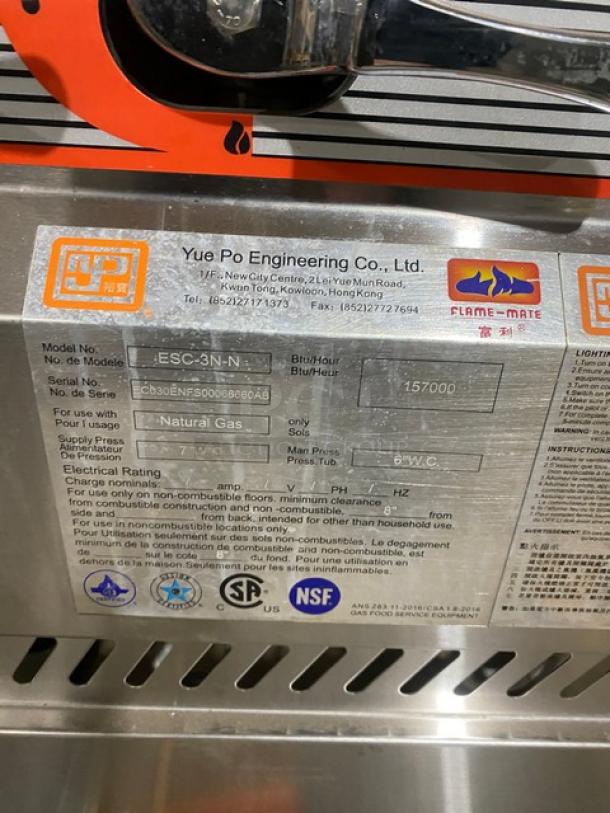 Flame-Mate ESC-3N-N three-compartment stainless steel steam cabinet, natural gas, on legs, serial EC030ENFS00066660AB.