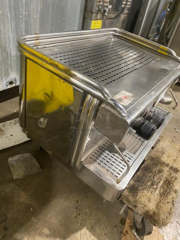 VFA Express CP commercial stainless steel espresso machine with steam wand, drip tray, and power settings visible.