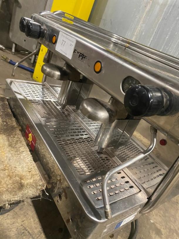 VFA Express stainless steel twin espresso machine, model CP, with steam wand and drip tray, 115-220V. Serial number 015830S.