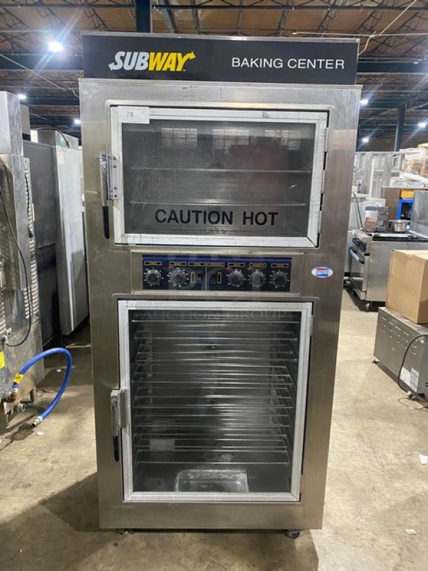 Nu-Vu Model SUB123 stainless steel double deck oven/proofer combo with wired racks, 208V 3 Phase, on casters, "Caution Hot" label, Subway branding.