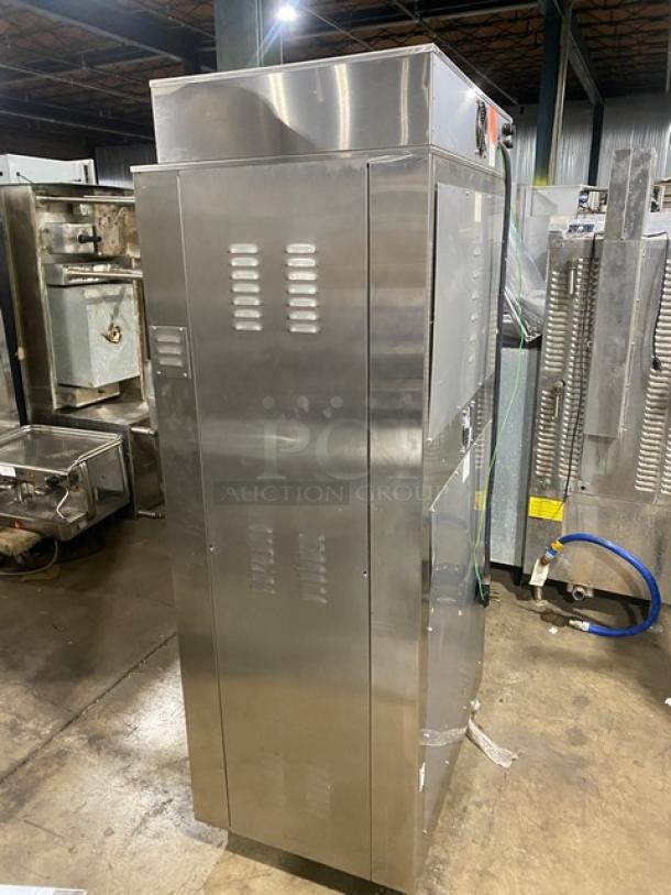 Nu-Vu SUB123 stainless steel double deck oven/proofer combo, electric, 208V 3 phase, with wired racks, on casters.