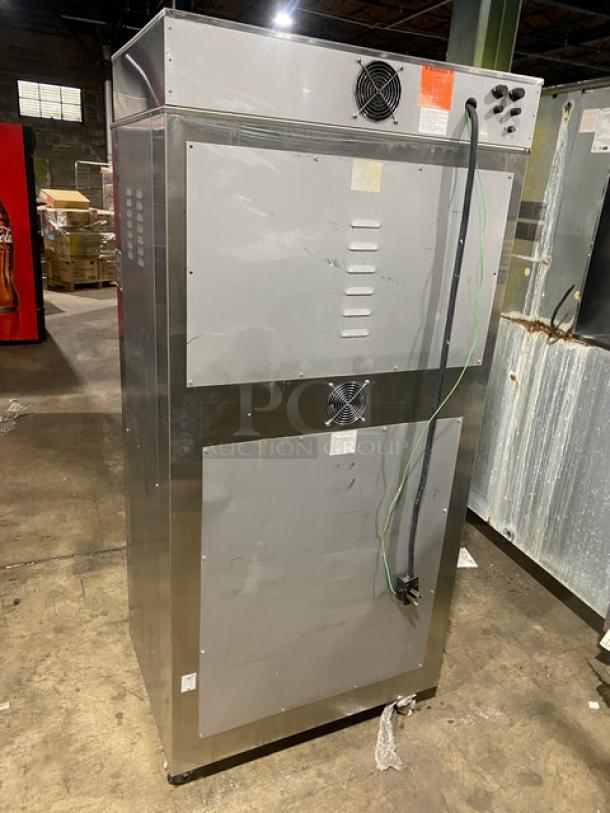 Nu-Vu SUB123 commercial stainless steel electric double-deck oven/proofer combo on casters, with wired racks, 208V, 3-phase.