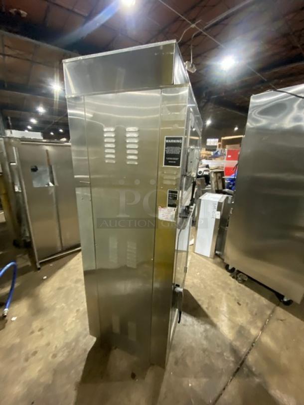 Nu-Vu SUB123 stainless steel double deck oven/proofer combo on casters, wired oven racks, 208V 3 phase, SN: 00342436060400010001.