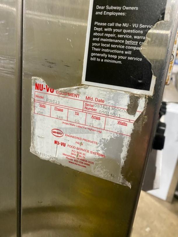 Nu-Vu Subway Style stainless steel oven/proofer combo, Model SUB123, SN 00342436060400010001, on casters with wired racks, 208V 3 Phase.