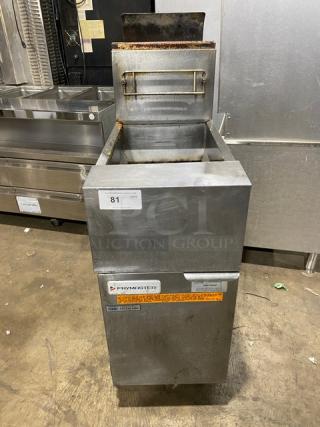 Frymaster GF40 stainless steel natural gas deep fryer with backsplash and basket hanger, on casters, in used condition.