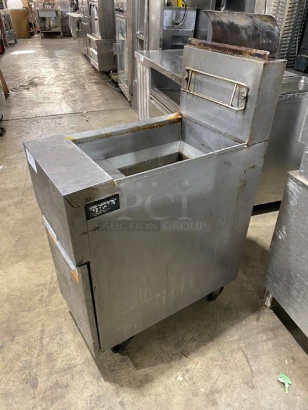 Frymaster GF40 stainless steel natural gas deep fryer with backsplash, basket hanger, and casters. Used condition.