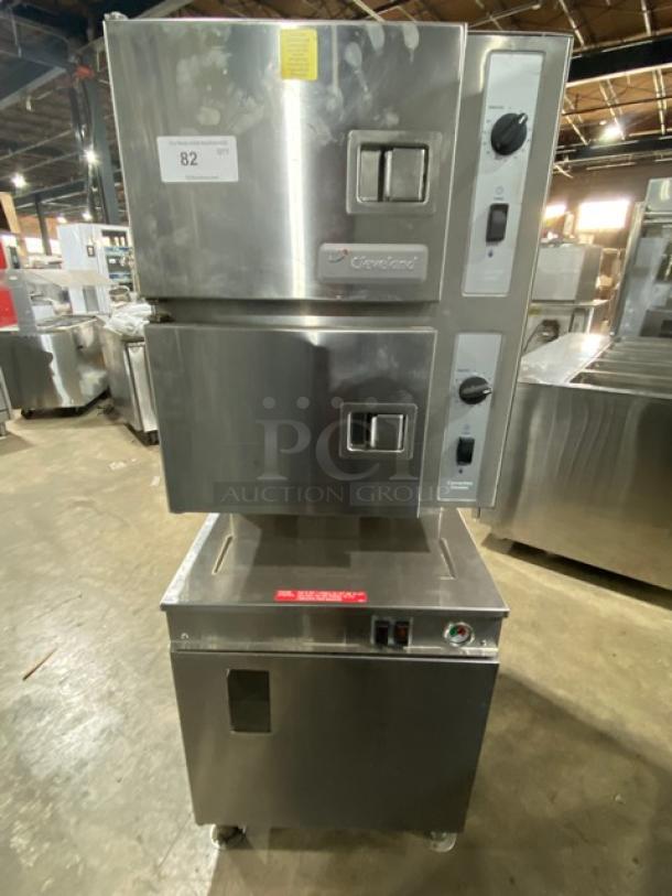 Cleveland Range Classic Series 24CEM24 dual compartment 6-pan convection steamer with boiler base, stainless steel, on legs.