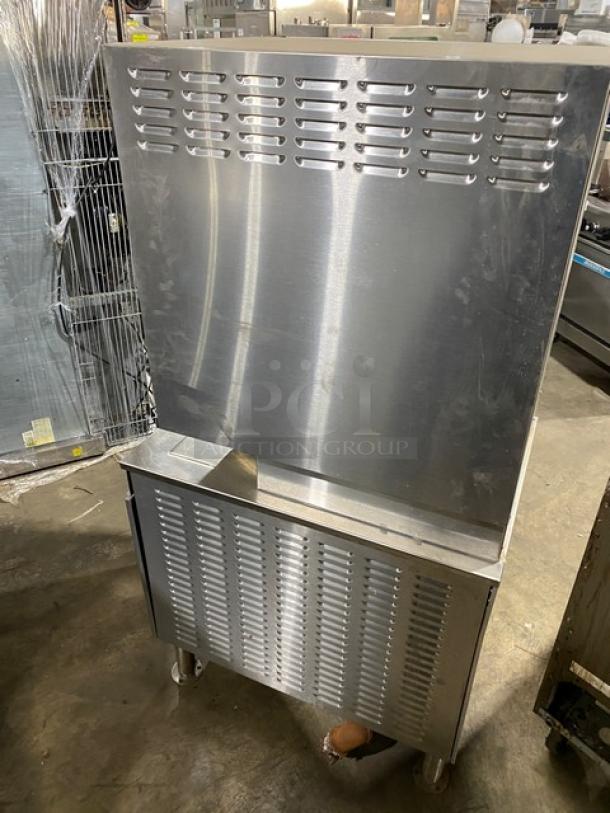 Cleveland Range Classic Series dual compartment 6-pan convection steamer, model 24CEM24, stainless steel, electric, on legs.