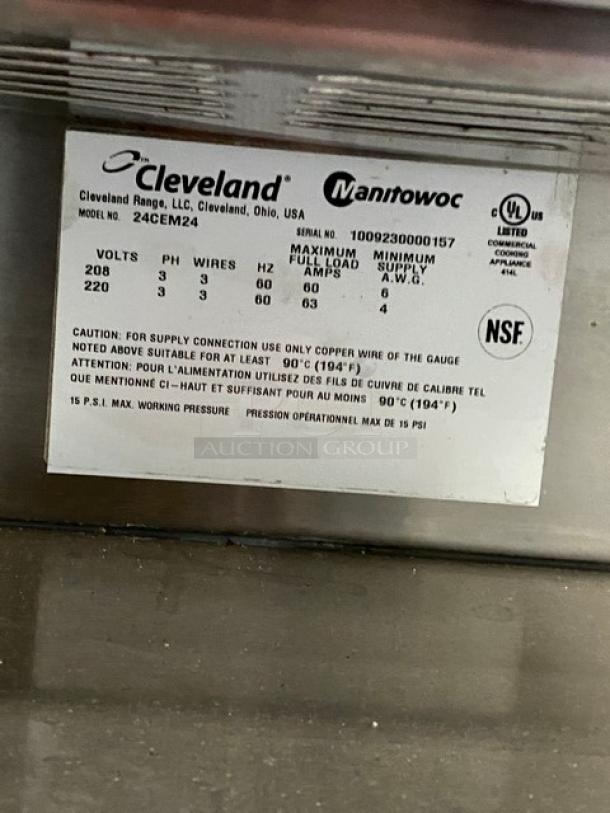 Cleveland Range 24CEM24 dual compartment steamer; stainless steel, with boiler base, 6-pan capacity, 208/220V, 3 phase.