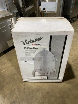 Winco Virtuoso Series 3 Gal. Coffee Urn, stainless steel, model 903B, new in original packaging with fuel holder base.