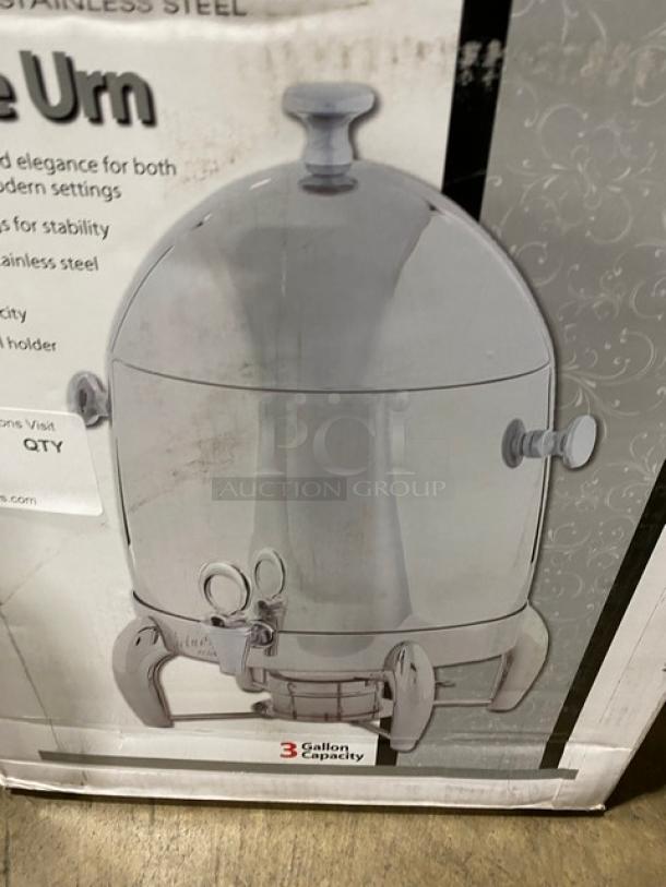 Winco Virtuoso Series 3 Gal. Coffee Urn, Stainless Steel, Model 903B, with fuel holder base, new in packaging.