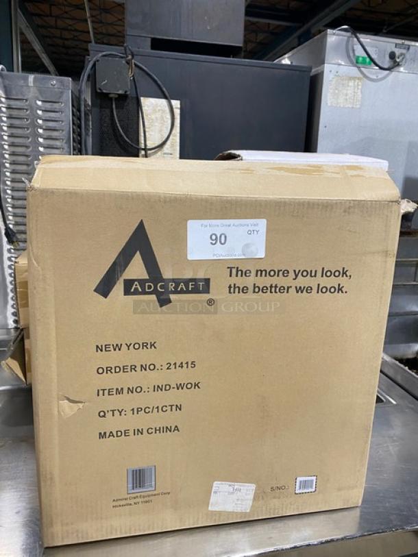 Adcraft commercial stainless steel countertop wok induction cooker in box, model INDWOK, ceramic glass surface, new condition.
