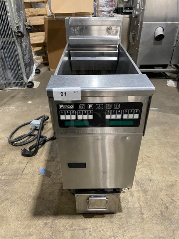 Pitco SFSE14-S electric deep fat fryer, stainless steel, with backsplash, basket hanger, filtration system, on casters.