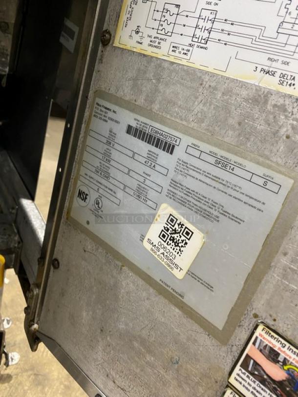 Pitco SFSE14S electric deep fat fryer label, showing model, serial number E08HA027574, 208V 3 phase power details.