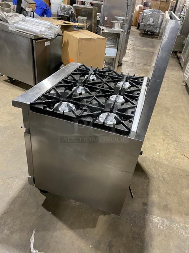 Radiance stainless steel 6-burner gas range/oven combo with backsplash, wired oven rack, on casters. Commercial-grade.