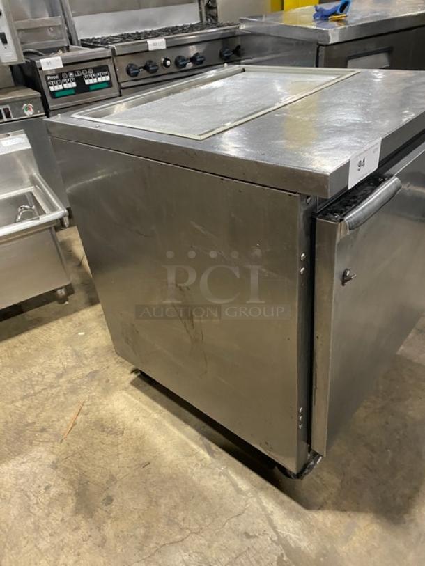 Beverage-Air SP27 stainless steel refrigerated salad/sandwich prep table, solid single door, poly-coated wire rack, on casters.