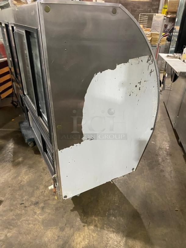 Leader Commercial Stainless Steel 96" Refrigerated Display Case, Model NRHD96R. Curved glass, rear sliding doors.