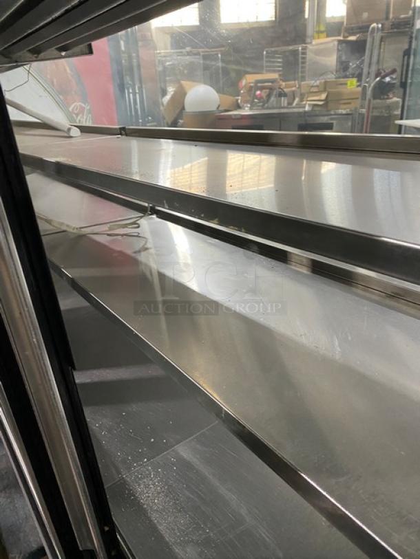 Leader NRHD96R commercial refrigerated display, stainless steel, curved glass, multi-tier shelves, double glass sliding doors.