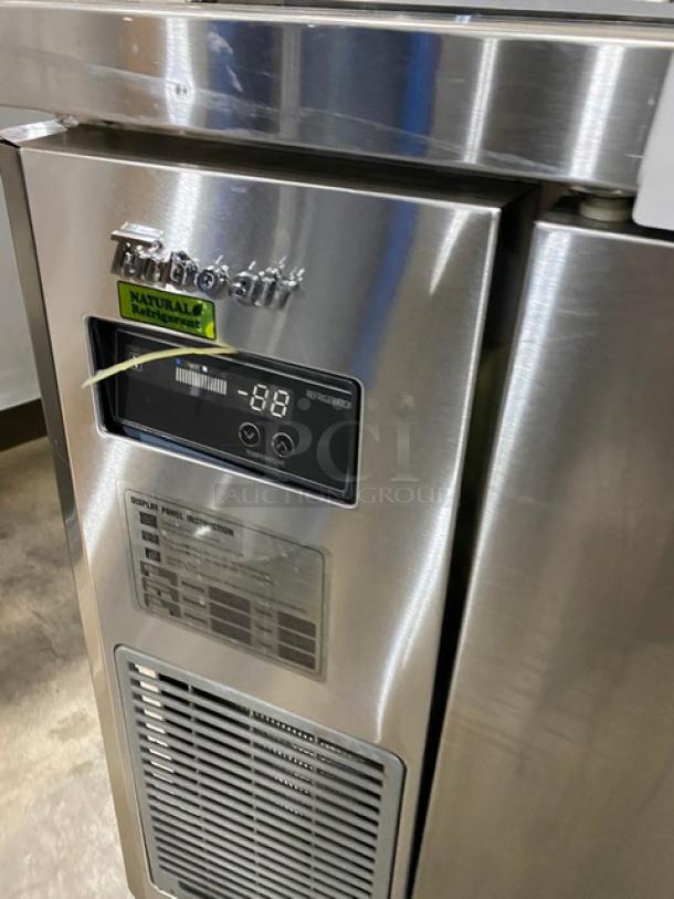 Turbo Air JBT-72-N stainless steel refrigerated salad bar, 71", with overhead sneeze guard, digital display, and casters.