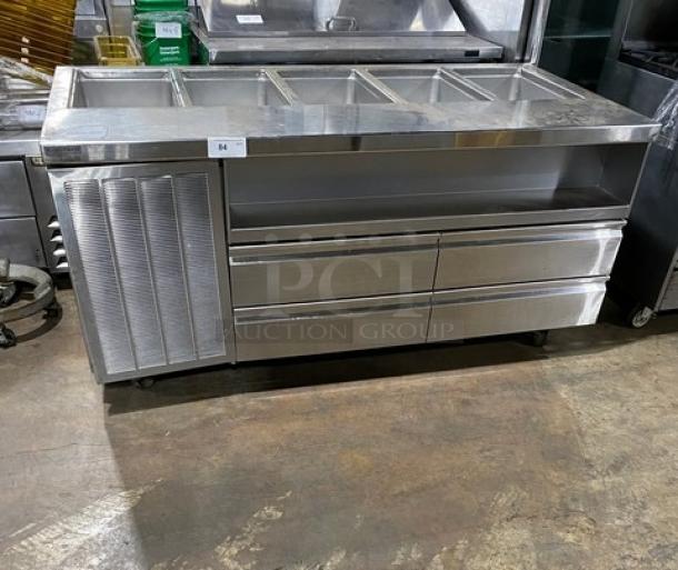 Delfield Commercial Stainless Steel 4-Drawer Refrigerated 72" Prep Table, Model 18MC72P-13, with 5 Cold Wells, on Casters.