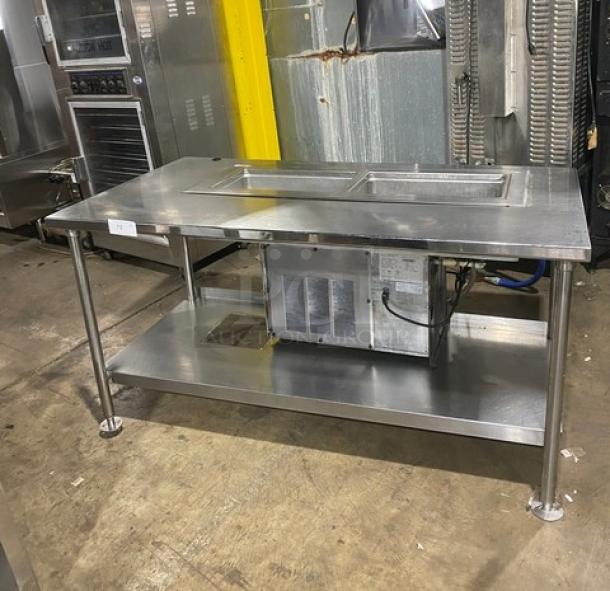 Delfield 8148EFNP stainless steel refrigerated drop-in cold food table, 2-well, single undershelf, on legs, 115V, used condition.