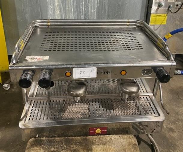 VFA Express CP stainless steel twin espresso machine with steam wand and drip tray, electric powered, model CP, SN: 015830S.