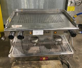 VFA Express CP stainless steel twin espresso machine with steam wand and drip tray, electric powered, model CP, SN: 015830S.