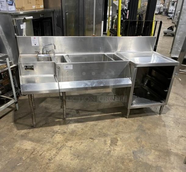 Commercial stainless steel cocktail station with backsplash, dump sink, swivel faucet, ice bin, speed rail, and legs.