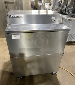 Beverage-Air SMF34 commercial milk cooler, stainless steel, electric-powered, single-access, on casters. Model SN: 5705447.
