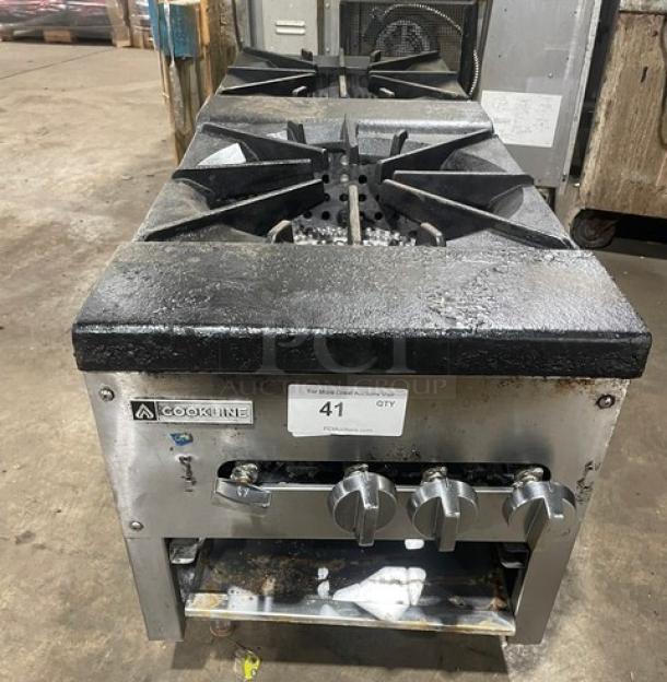 Cookline commercial stainless steel double stock pot range in used condition. Features front-to-back configuration and gas power.