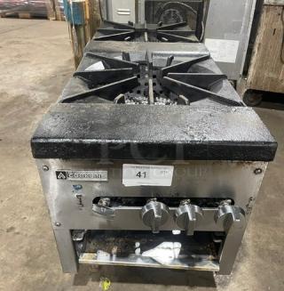 Cookline commercial stainless steel double stock pot range in used condition. Features front-to-back configuration and gas power.