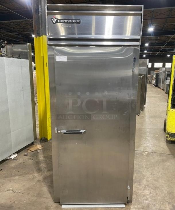 Victory RIS-1D-S7-PT stainless steel single door roll-in pass-thru refrigerator, clean and in good condition.
