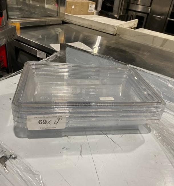 Rubbermaid Commercial Clear Polycarbonate 2-Gal. Food Storage Pans, Model FG330700CLR, stacked, new condition.