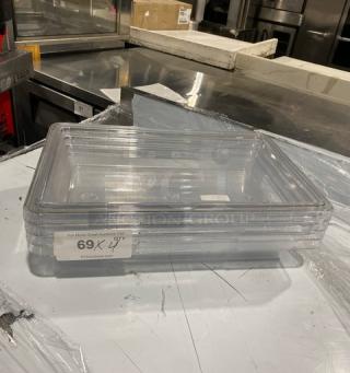 Rubbermaid Commercial Clear Polycarbonate 2-Gal. Food Storage Pans, Model FG330700CLR, stacked, new condition.