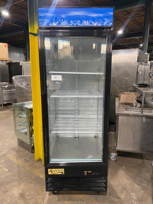 Avantco Commercial Glass Door Refrigerator, Model 178GDC23HCB, black frame, poly coated wire rack, on casters, 115V.